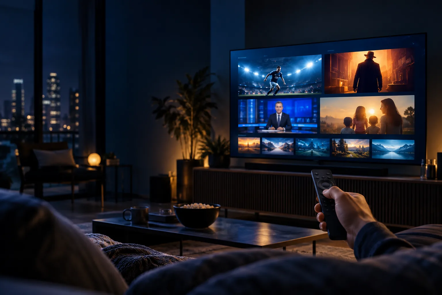 Television comparison showing live sports, news, movies and family viewing categories